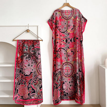 New African For Women Summer Sun protection Short Sleeve Cotton Dress Gold Stamping Loose Lady Maxi Print Dress With Big Scarf