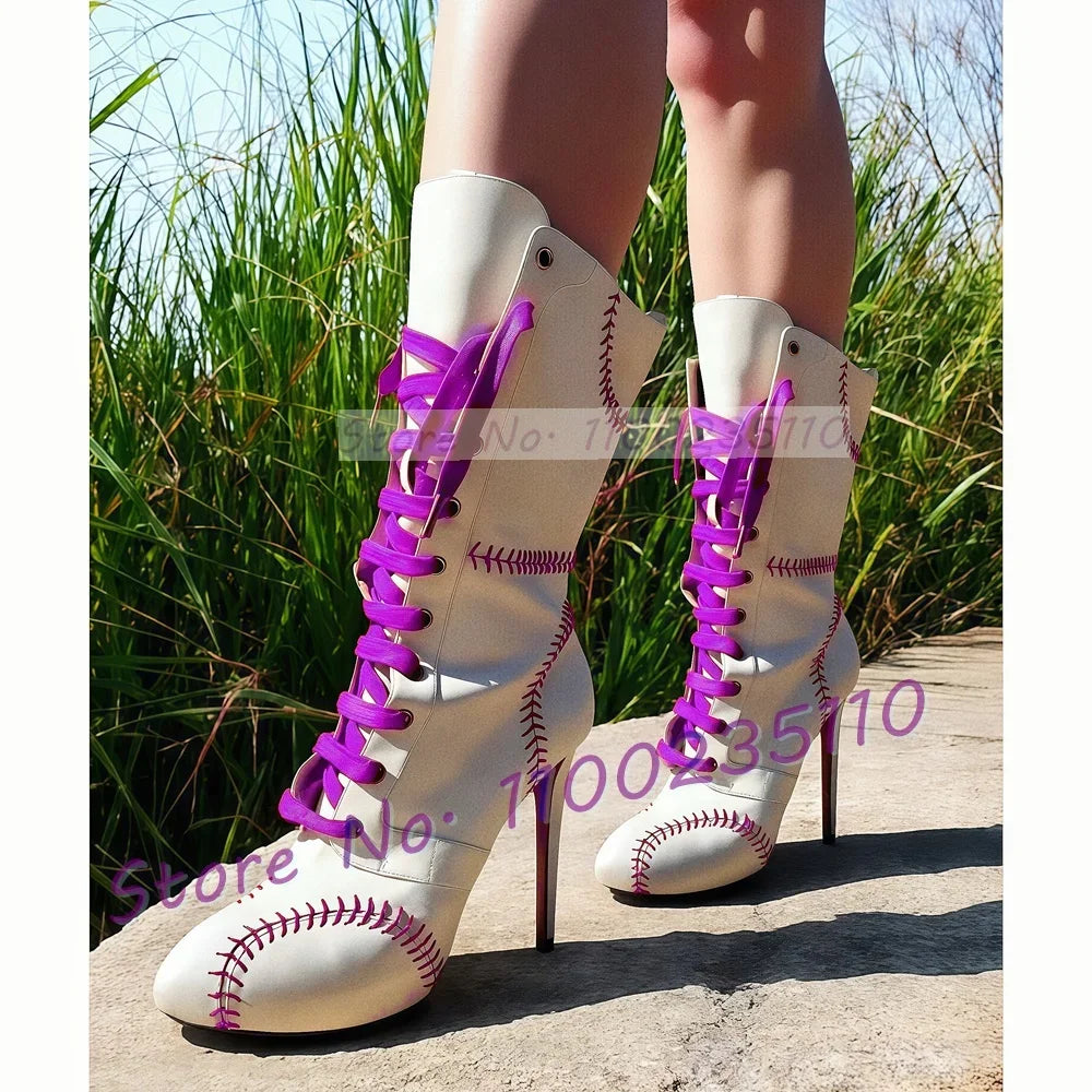 Baseball Sewing Design Stiletto Ankle Boots Women Round Toe Stylish White High Heel Boots Two Tone Splicing Cross Tied Shoes