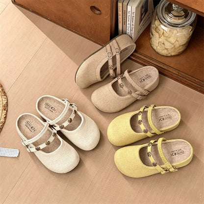 Women's Woven Mary Jane Mules Flat Round Toe Slip-On Shoes with Buckle Straps and Rose Hardware Casual Balletcore Summer Sandals