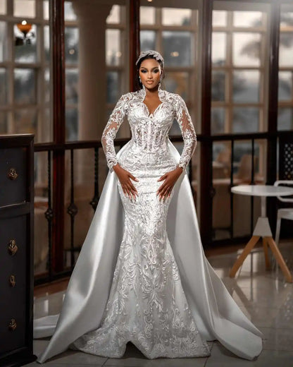 African Mermaid Wedding Dress With Detachable Train V Neck Long Sleeve Appliques Lace Bridal Gowns Plus Size Black Customized