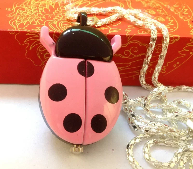 Fashion Small Golden Beetle Pocket Watchs, Cute New Adult Children Ladybug Watch,with Chain Lightweight Necklace Pendant Clock