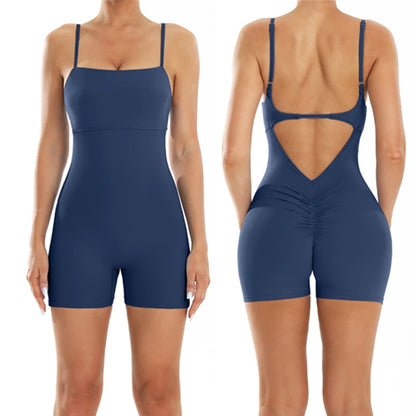 One-Pieces Fitness Overalls Women's Gym Jumpsuits with Shorts Scrunch Butt Sports Rompers High Elastic Backless Workout Clothes