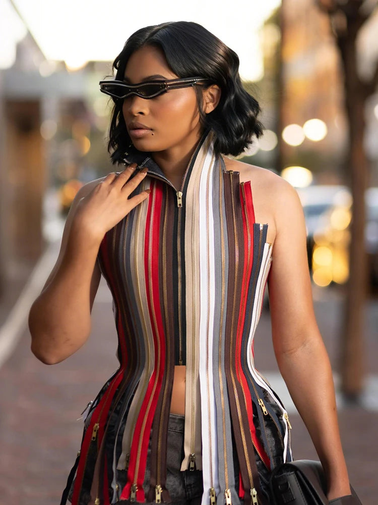 Whatiwear Hip-Hop Style Tank Tops Woman Colorful Stripe Halter Multiple Zip Design Bandage Backless Irregular Hem Street Vests