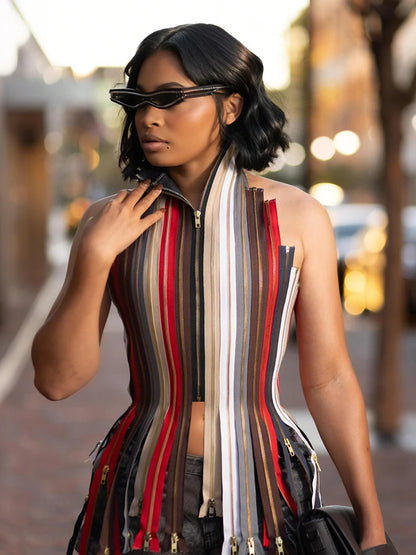 Whatiwear Hip-Hop Style Tank Tops Woman Colorful Stripe Halter Multiple Zip Design Bandage Backless Irregular Hem Street Vests