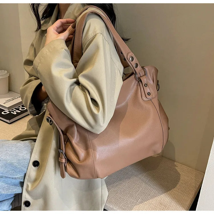Ladies Large Capacity Brand Handbag Pu Leather Women's Retro Tote Bag Korean Fashion Shoulder Bag Winter White Zipper Handbag