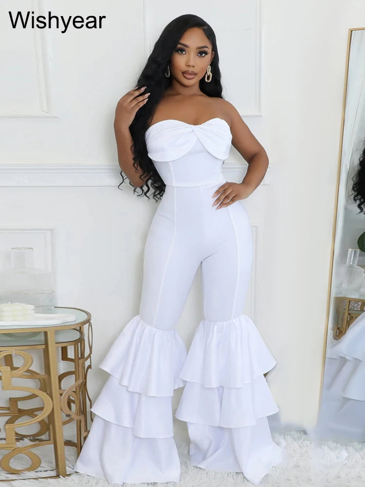 New One Pieces Jumpsuits Women Black Strapless Sleeveless Sexy Rompers Slim Fit Long Ruffles Flare Pant Night Club Even Overalls