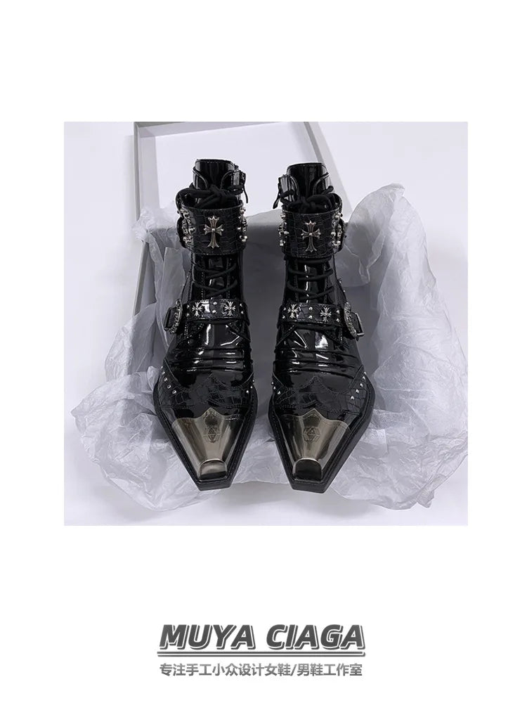 Gothic Punk Style Platform Couple Ankle Boots Designer Metal Decorative Belt Buckle Women Mans Motorcycle Booties Zapatos Hombre