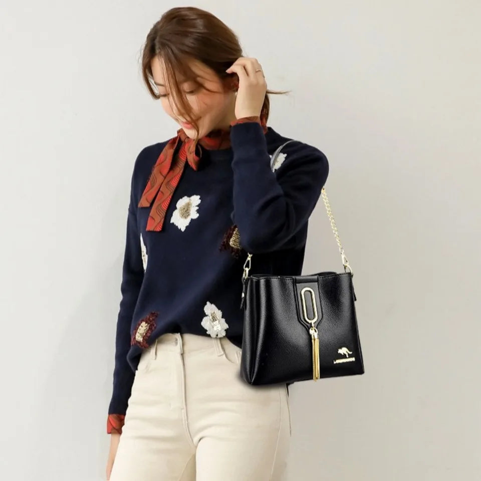 Luxury Hand bags For Women High Quality Pu Leather Three layers Ladies Shoulder Crossbody Bag Bucket Tassel Commuting Sac A Main