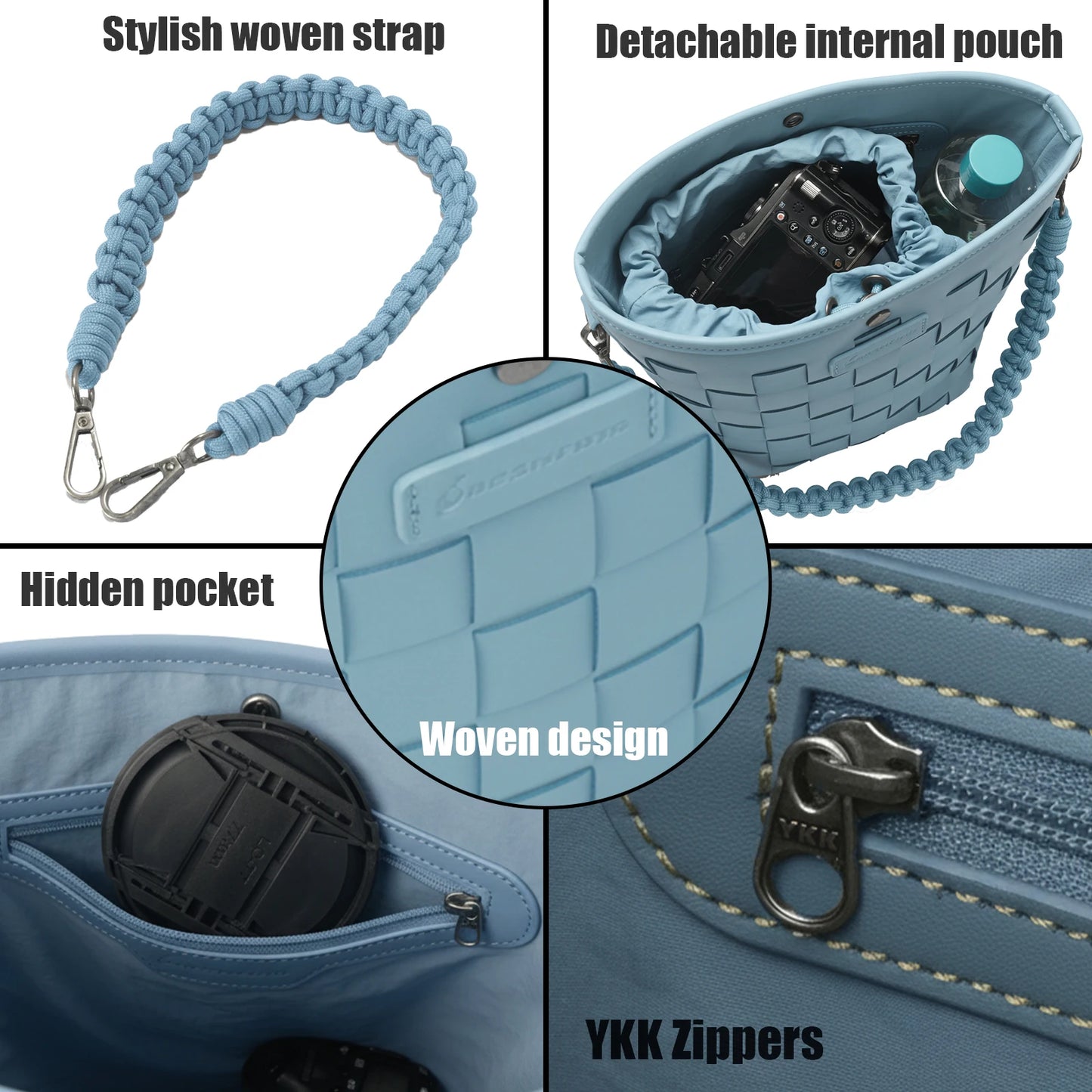Besnfoto Camera Bag Stylish Woven Leather Shoulder Bucket Bag with Detachable Drawstring Pouch Removable Strap Vintage Crossbody Handbag Case for DSLR Mirrorless Camera Lens Sony Canon Nikon Women