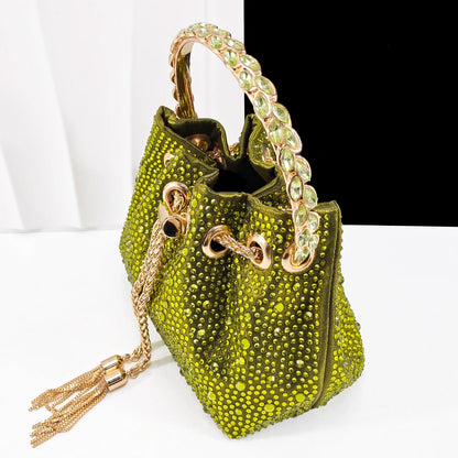 Newest Noble and Elegant Combination Style Colorfulr Rhinestone Design Olive Color Party Wedding Pointed Toe High Heel and Bag