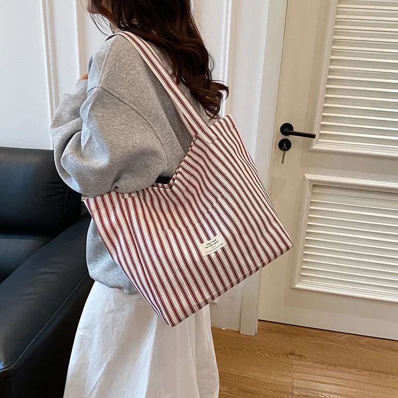 Contrast Color Stripes Women Shoulder Bags Versatile Ladies Large Capacity Tote Bag Lightweight Portable Female Shopping Handbag