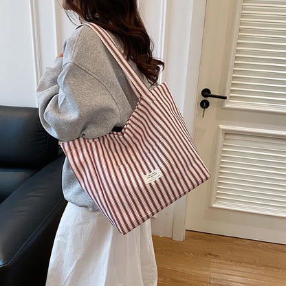 Contrast Color Stripes Women Shoulder Bags Versatile Ladies Large Capacity Tote Bag Lightweight Portable Female Shopping Handbag