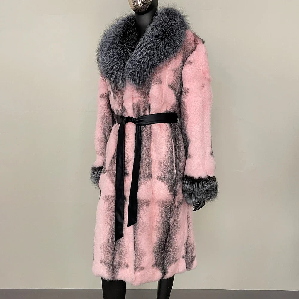 2024 New Autumn Winter Thickened Fur Coat for Women Rabbit Fur One-piece Long Style Real Fox Fur Collar Fashion Warm Coat Women