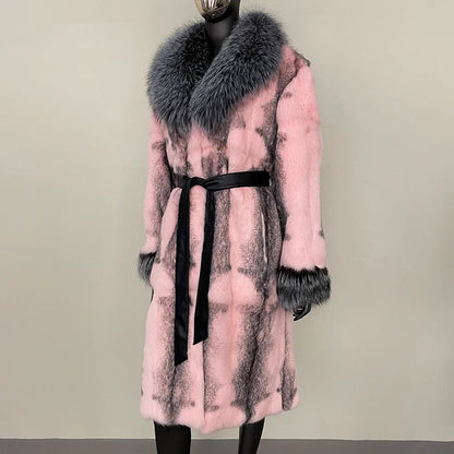 2024 New Autumn Winter Thickened Fur Coat for Women Rabbit Fur One-piece Long Style Real Fox Fur Collar Fashion Warm Coat Women