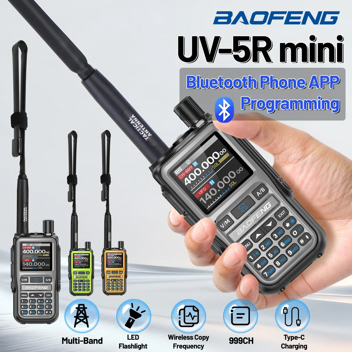 BAOFENG UV-5R Mini Walkie Talkie Multi Band Wireless Bluetooth Programming Dual PTT Type-C Charge Long Range Two Way Radio