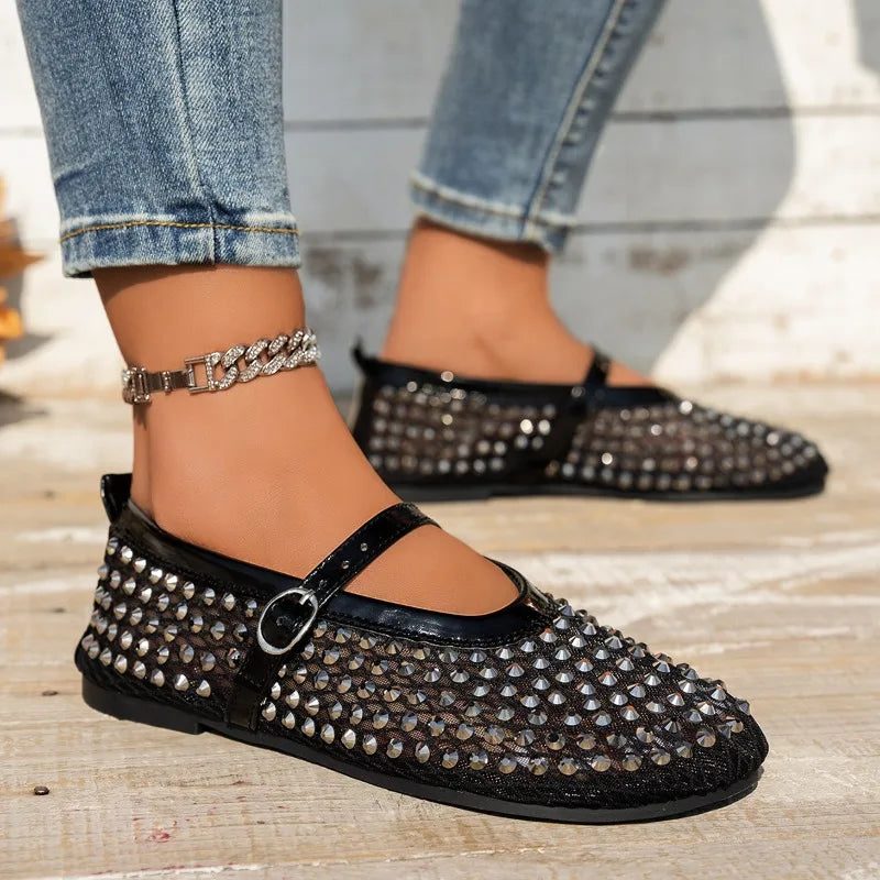Women's Mary Jane Shoes Luxury Brand Casual Single Shoes Women's Rhinestone Plus Size Womens Round Head Buckle Beach Flat Shoes