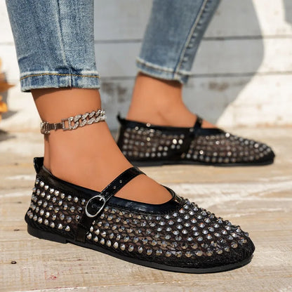 Women's Mary Jane Shoes Luxury Brand Casual Single Shoes Women's Rhinestone Plus Size Womens Round Head Buckle Beach Flat Shoes