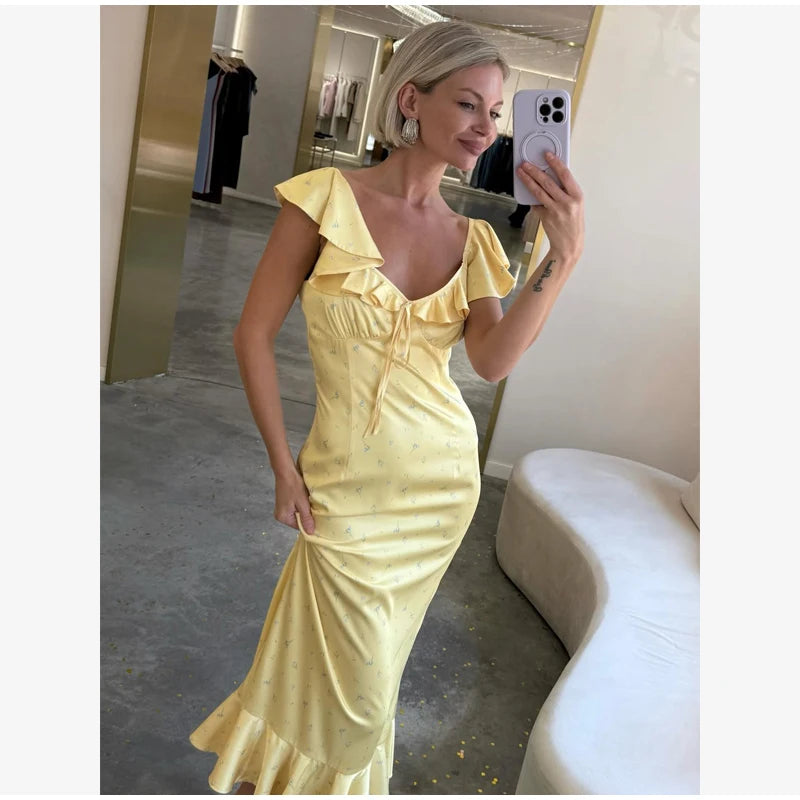Elegant Women's Backless Yellow Lace Dresses Cross-back Design Long Slim Fit A-line Summer Dress Y2k Vacation Travel Vestido2026
