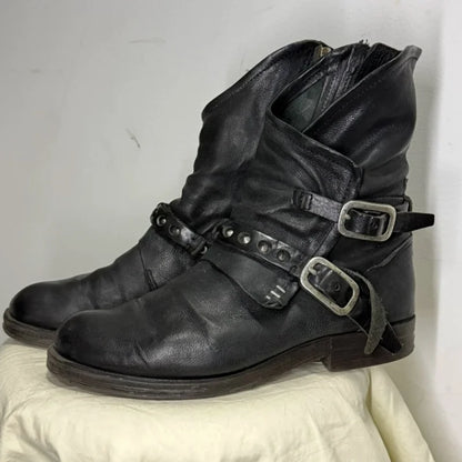 American Retro Motorcycle Boots For Men Distressed Western Boots Buckle Strap Knight Boots Leather Rock Punk Men's Boots