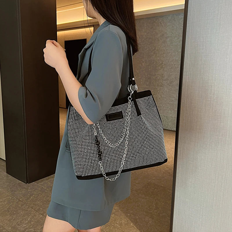2024 Fashion Women Bling Diamonds Handbag Large Capacity PU Leather Big Totes Designer Female Chain Shoulder Bags Shopping Bags