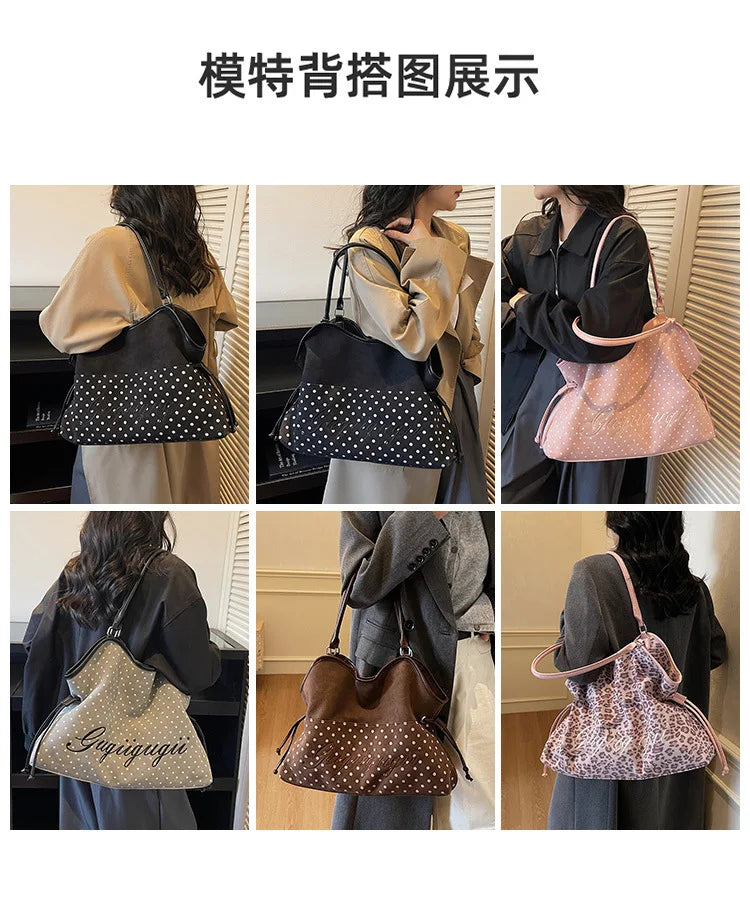 Brand Women's Shoulder Bag Y2k Fashion Sweet Polka Dot Handbag Korean Casual Versatile Leopard Print Brown Frosted Tote Bags
