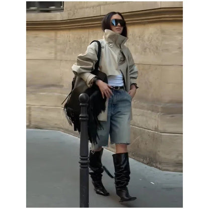 Fashion Stand Collar Short Trench Coat Women Solid Double-breasted Belt Jacket 2026 Autumn Lady Commuting Casual Outwear