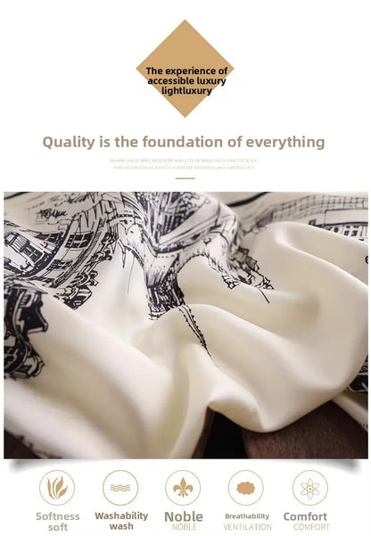 Black White View Print Twill Silk Scarf 90x90cm Women Fashion Square Neck Scarf Satin Kerchief Head Wrap Bandana Bag Decoration