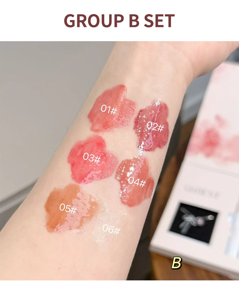 QIBEST 6Pcs/Box Matte Lipstick Sets And Mirror Watery Lip Glaze Lasting Lip Makeup Sets Moisturizing Lipgloss Necklace Gift