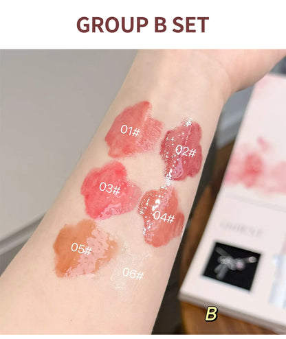 QIBEST 6Pcs/Box Matte Lipstick Sets And Mirror Watery Lip Glaze Lasting Lip Makeup Sets Moisturizing Lipgloss Necklace Gift