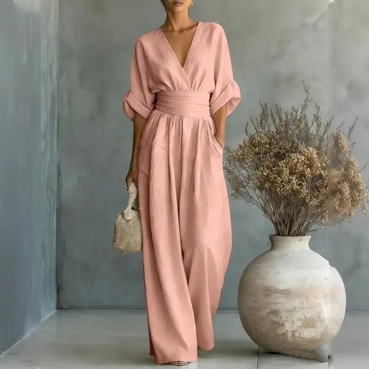 2026 Women V Neck Waist Wide Leg Jumpsuit Casual Elegant Summer One Piece