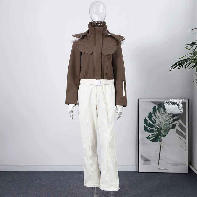 Fashion Hooded One-Piece Ski Jumpsuit Women Stand Collar Zipper High Waist Solid Windproof Outwear 2026 Winter Lady Skiwears New