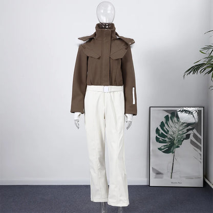 Fashion Hooded One-Piece Ski Jumpsuit Women Stand Collar Zipper High Waist Solid Windproof Outwear 2026 Winter Lady Skiwears New