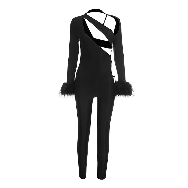 FAGADOER Women Sexy Cut Out Fur Patchwork Jumpsuit One Shoulder Long Sleeve Bodycon One Piece Club Party Night Out Outfit New