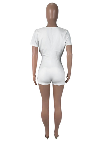 Sexy Solid Deep V-neck Short-sleeve White Playsuits Rompers Women Summer Bodycon Short Jumpsuit for Women
