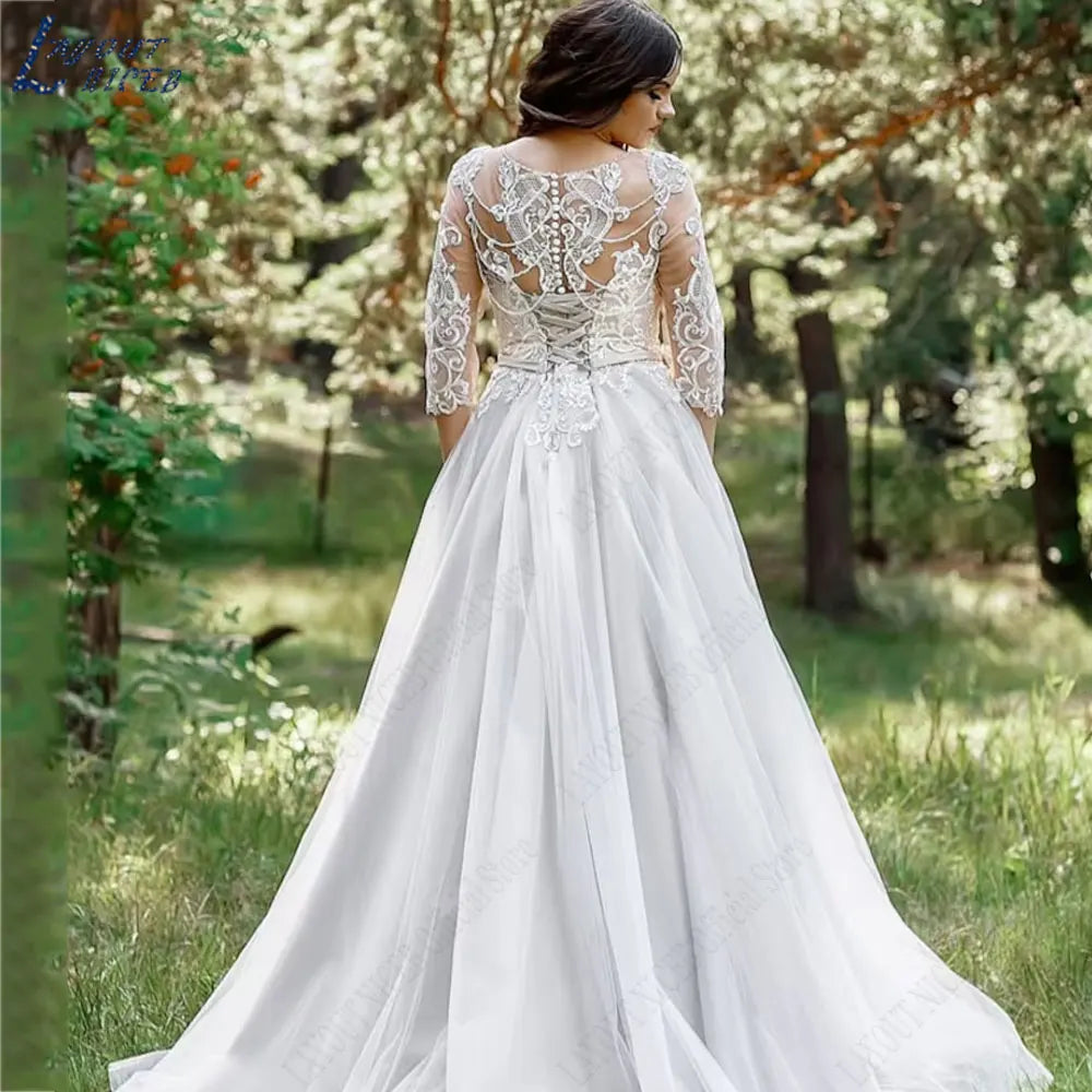 LAYOUT NICEB Plus Size Lace Appliques Wedding Gowns V-Neck Three Quarter Sleeves Bride Dresses Side Split vestidos para mujer
