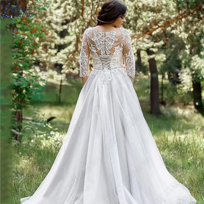 LAYOUT NICEB Plus Size Lace Appliques Wedding Gowns V-Neck Three Quarter Sleeves Bride Dresses Side Split vestidos para mujer