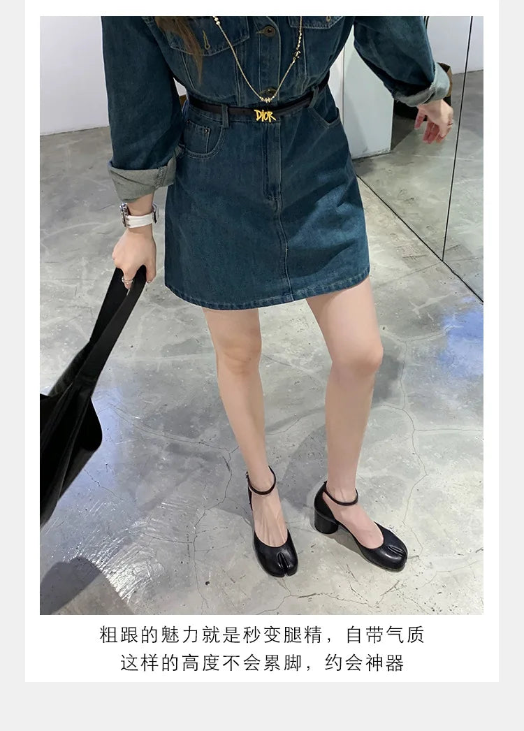 Modern Heels Pumps Women Round High Heel Leather Square Split Toe Pumps Shoes Spring Summer Sandals Mary Janes Shoes Heels Women
