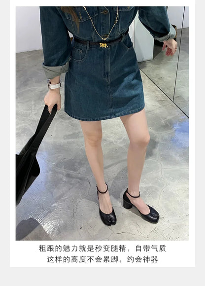 Modern Heels Pumps Women Round High Heel Leather Square Split Toe Pumps Shoes Spring Summer Sandals Mary Janes Shoes Heels Women
