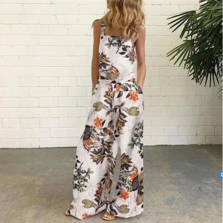 Women Summer Loose Printed Jumpsuits Sleeveless Bib Overalls Siamese Button Wide Leg Pants Long Trousers Female Fashion Clothing