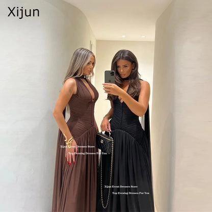 Xijun Modern Chiffon Long Evening Dresses Halter Sleeveless A-Line Prom Dresses V-Neck Formal Occasion Prom Gowns Customized