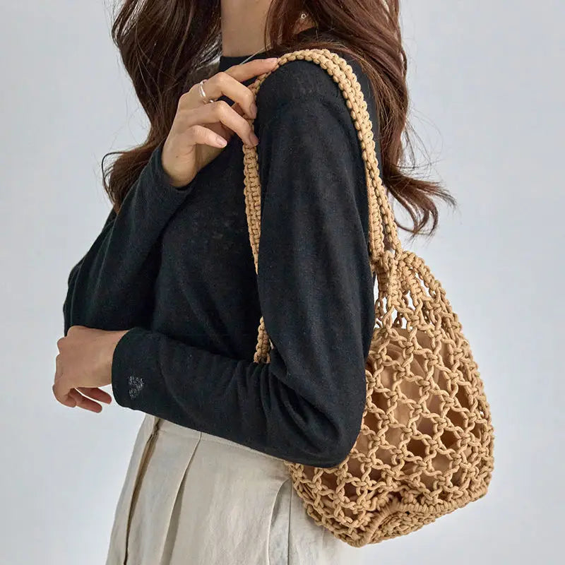 Summer Beach Bag For Women Mesh Rope Knitted Bucket Shoulder Bags  Reticulate Hollow Travel Shopper Totes Ladies Fashion Handbag