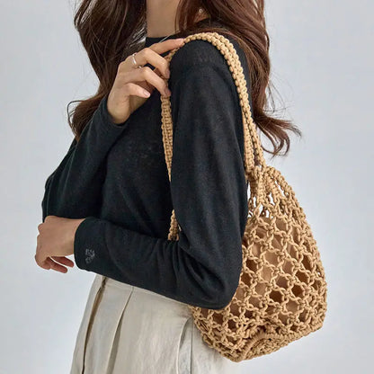 Summer Beach Bag For Women Mesh Rope Knitted Bucket Shoulder Bags  Reticulate Hollow Travel Shopper Totes Ladies Fashion Handbag