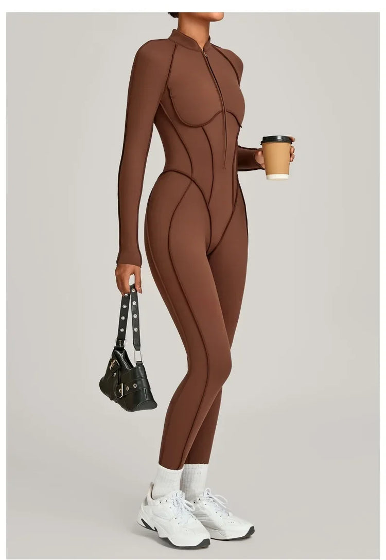 Women's Winter Yoga Jumpsuits Sports Fitness Hip-Lifting Slimming One-piece Zipper Long-Sleeved Outdoor Gym Workout Bodysuits