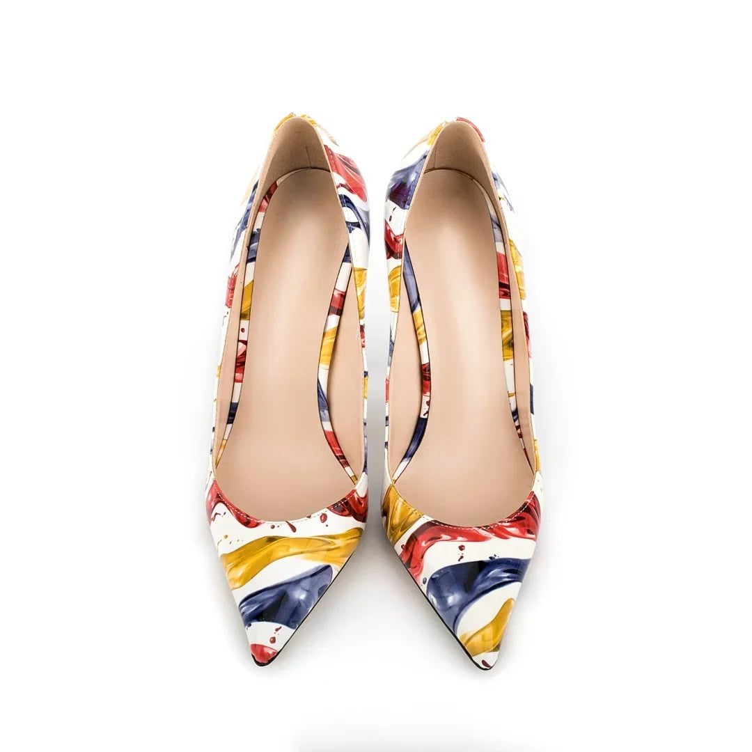 Multicolor Abstract Graffiti Print Pointed Toe Stiletto Pumps, Women Thin Heel Evening Shoes for Wedding, Formal Party and Night