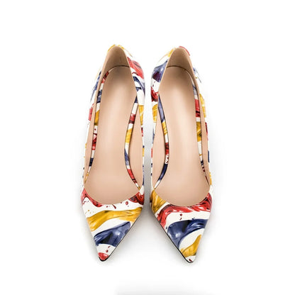 Multicolor Abstract Graffiti Print Pointed Toe Stiletto Pumps, Women Thin Heel Evening Shoes for Wedding, Formal Party and Night
