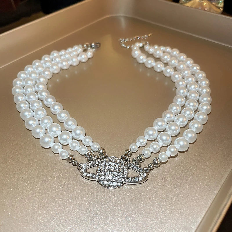 Crystal Rhinestone Oval Multi Layered Beaded Pearl Chokers Necklaces for Women Charms Temperament Elegant Necklace Noble Jewelry
