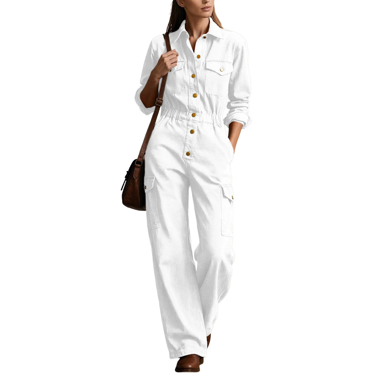Casual Lapel Button High Waist Romper Autumn Fashion Lady Pocket Playsuits Overalls Vintage Long Sleeve Wide Leg Jumpsuits