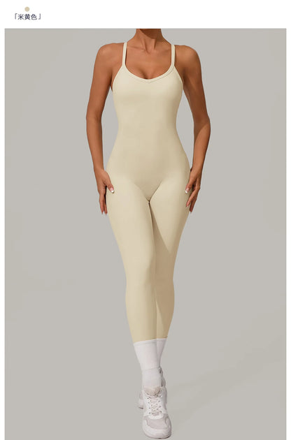 New Nylon Pad V-Neck Wrap Yoga Bodysuit - Adjustable Hook Tummy Control Butt Lift Workout Jumpsuit