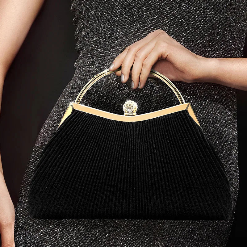 Pleated Evening Handbag Women Top Handle Glitter Day Clutch Ladies Wedding Dinner Dressed Clip Bag Diamond Party Purse Gold
