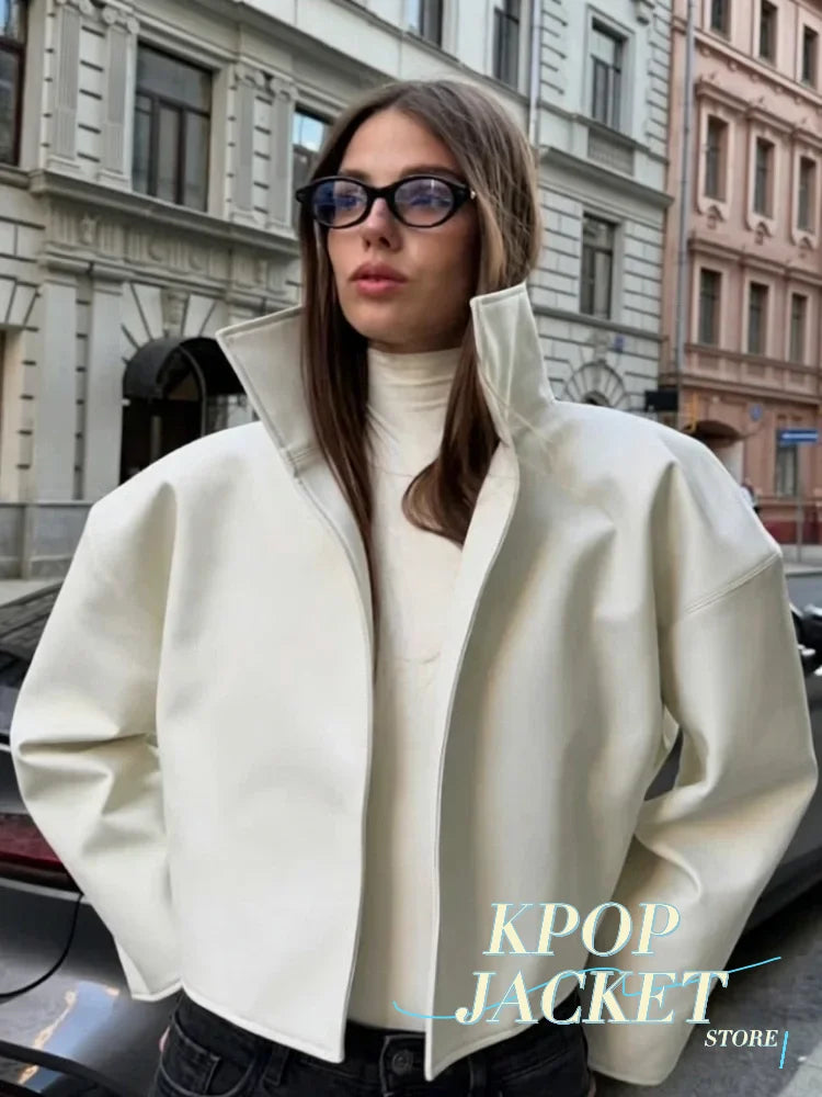 Women Cropped PU Leather Jacket Stand Collar Wide Flare Sleeve Asymmetrical Wrap Open Front Coat 2026 Autumn Chic Loose Jackets